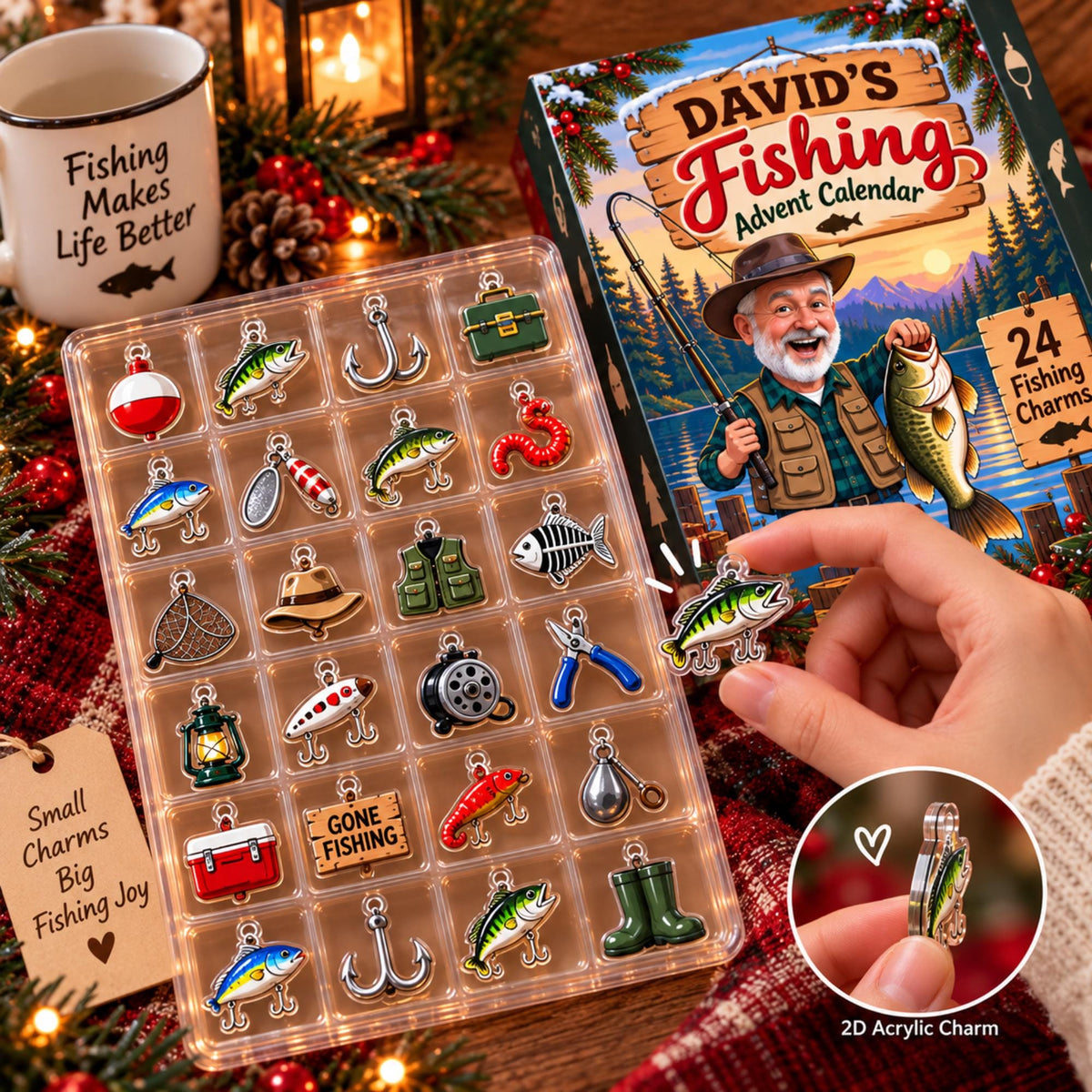 Personalized Fishing Advent Calendar, Custom Photo & Name, 24 Acrylic Fishing Charms, Christmas Gift for Fisherman