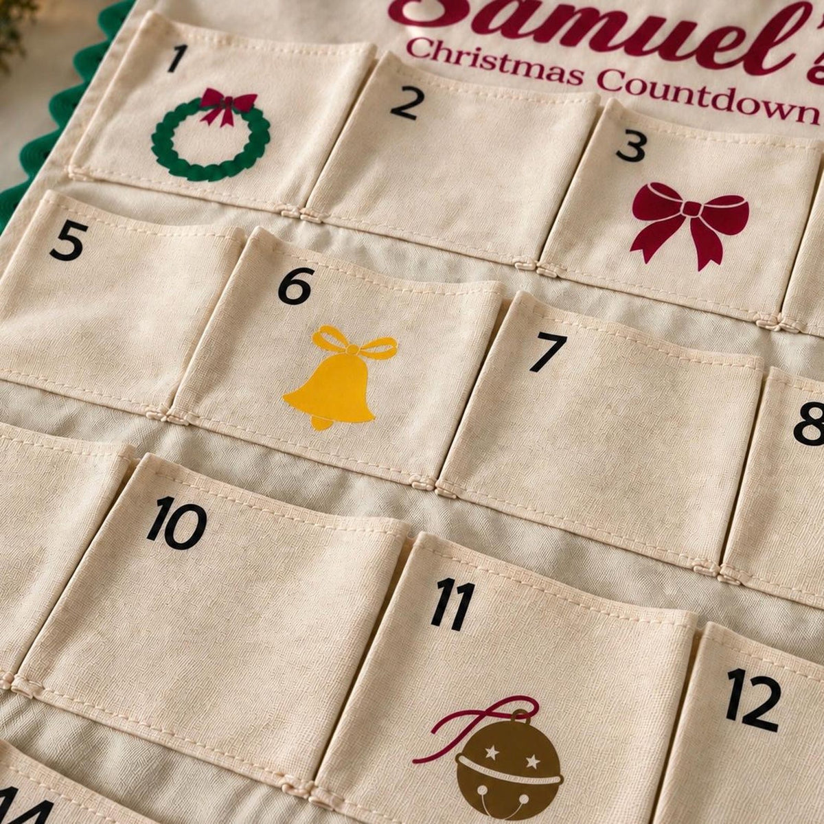 Personalized Fabric Advent Calendar, Custom Name Christmas Countdown, Reusable Wall Hanging