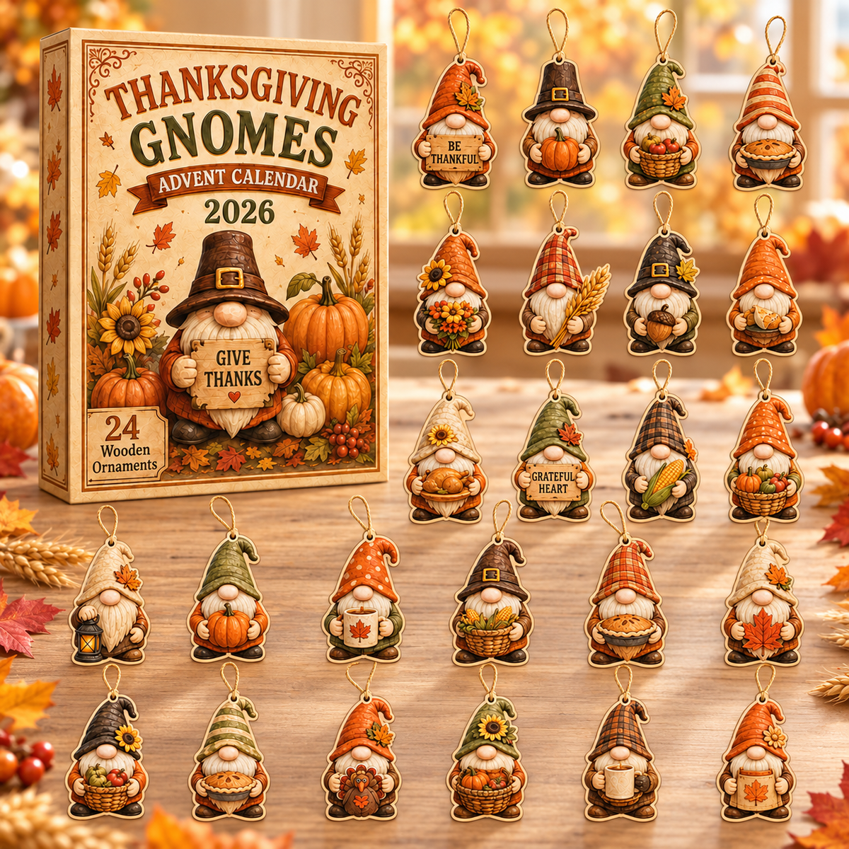 Thanksgiving Gnomes Advent Calendar 2026 - 24-Day Festive Countdown, Wooden Charms Blind Box - Gift For Family & Friends