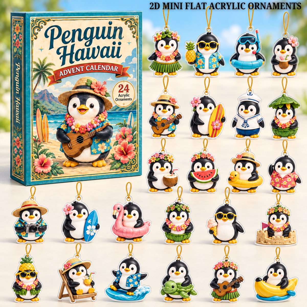 Penguin Hawaii Ocean Advent Calendar 2026 - 24-Day Festive Countdown, Acrylic Charms Blind Box - Gift For Ocean Lovers