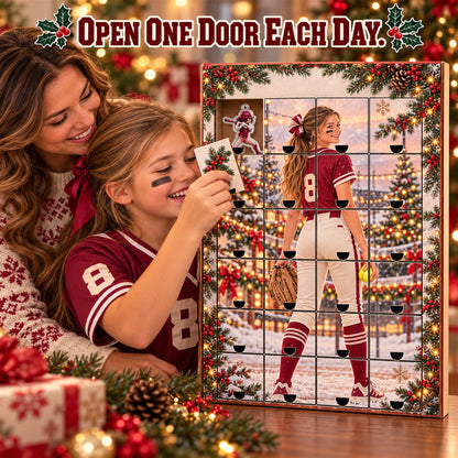 Personalized Softball Advent Calendar with 24 Custom Photo Acrylic Ornaments, Player Number Christmas Gift for Softball Family and Coach