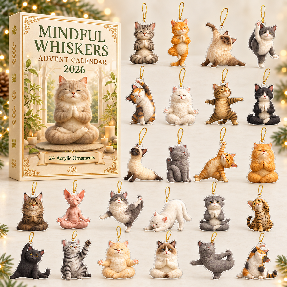 Mindful Whiskers Advent Calendar 2026 - 24-Day Festive Countdown, Acrylic Charms Blind Box - Gift For Yoga Lovers