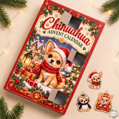 Chihuahua Advent Calendar 2026 | 24 Day Christmas Countdown with Personalized 2D Name Ornament