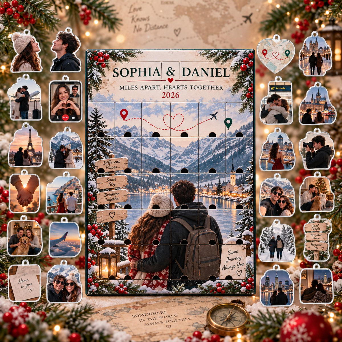 Personalized Long Distance Advent Calendar with 24 Custom Photo Acrylic Ornaments, Christmas Gift for Couple, Miles Apart Love Keepsake 2026