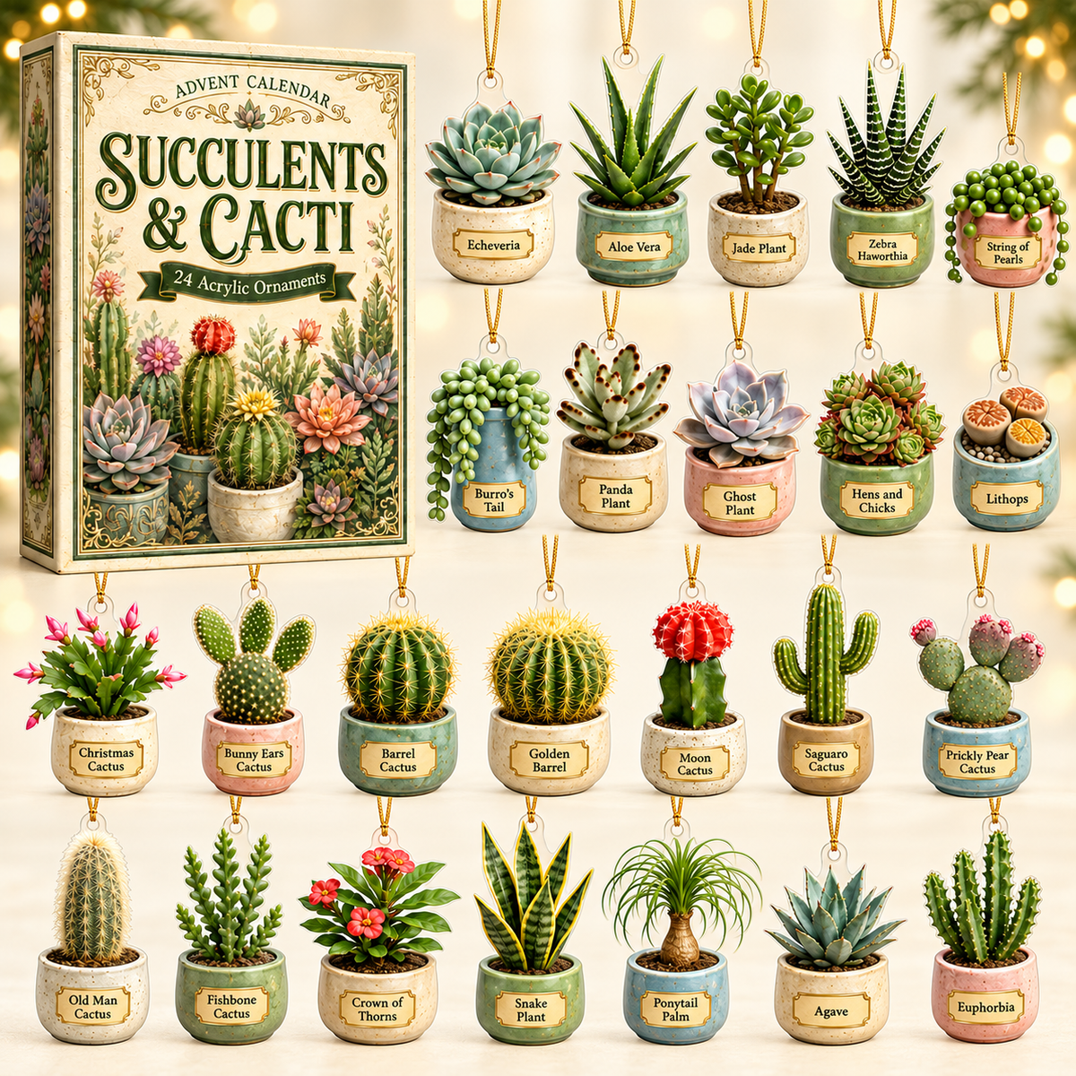 Succulents & Cacti Advent Calendar 2026 - 24-Day Festive Countdown, Acrylic Charms Blind Box - Gift For Nature Lovers