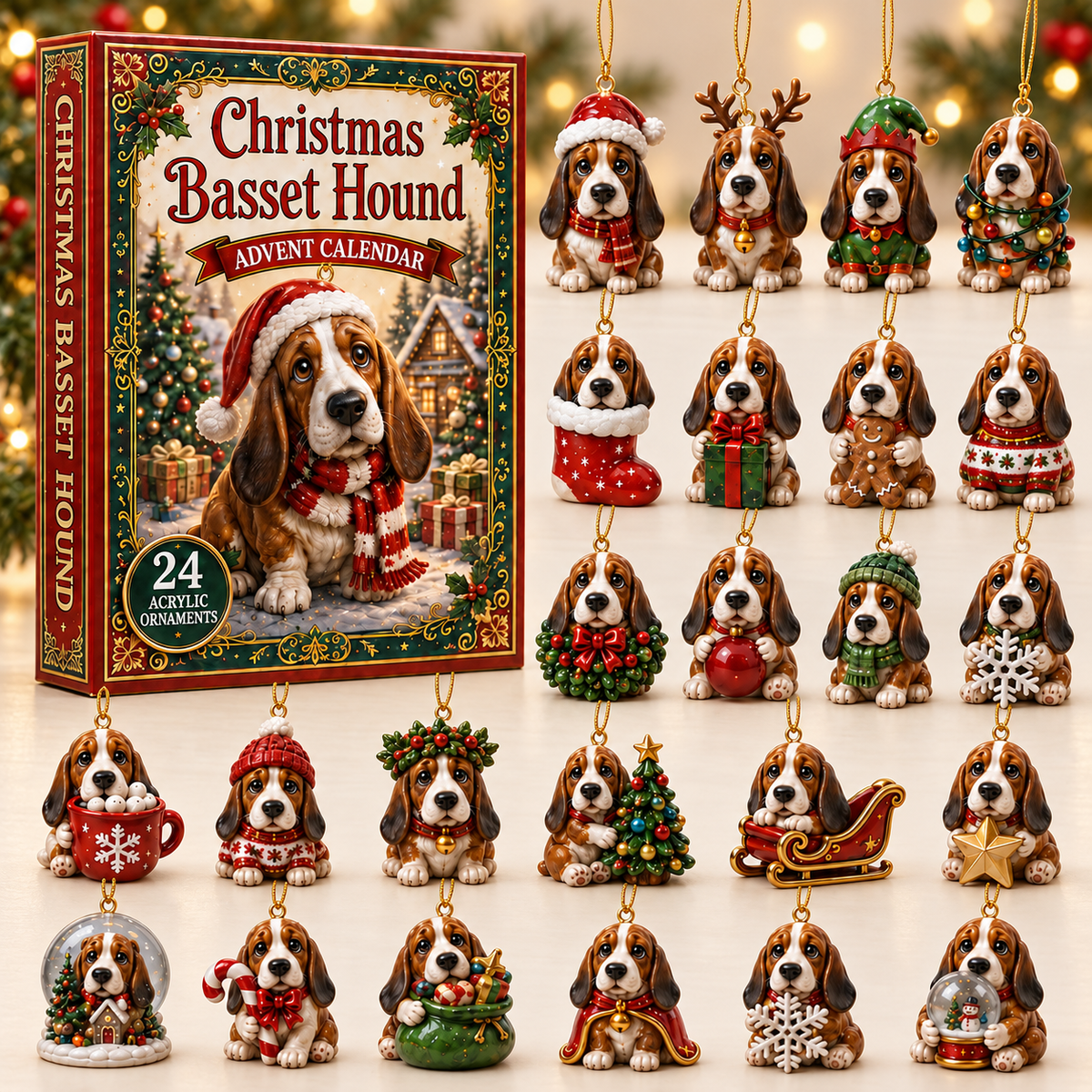 Christmas Basset Hound Advent Calendar 2026 - 24-Day Festive Countdown, Acrylic Charms Blind Box - Gift For Basset Hound Lovers