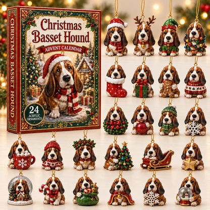 Christmas Basset Hound Advent Calendar 2026 - 24-Day Festive Countdown, Acrylic Charms Blind Box - Gift For Basset Hound Lovers