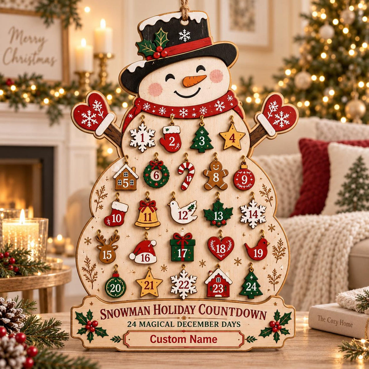 Personalized Snowman Advent Calendar, Christmas Countdown Calendar, Custom Name Holiday Decor, Family Christmas Gift, Rustic Wooden Sign