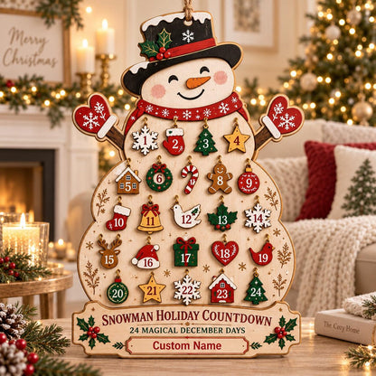 Personalized Snowman Advent Calendar, Christmas Countdown Calendar, Custom Name Holiday Decor, Family Christmas Gift, Rustic Wooden Sign
