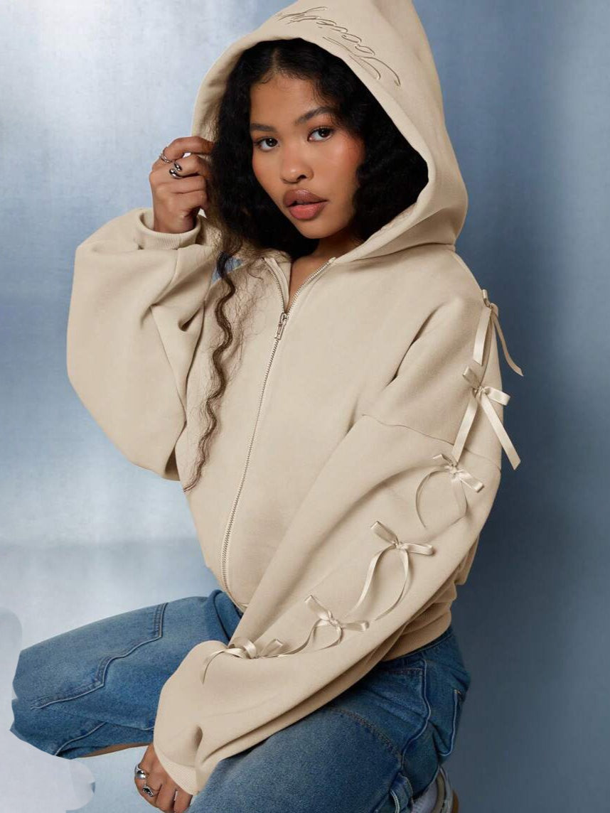 Embroidered Side Bow Zip Up Hoodie