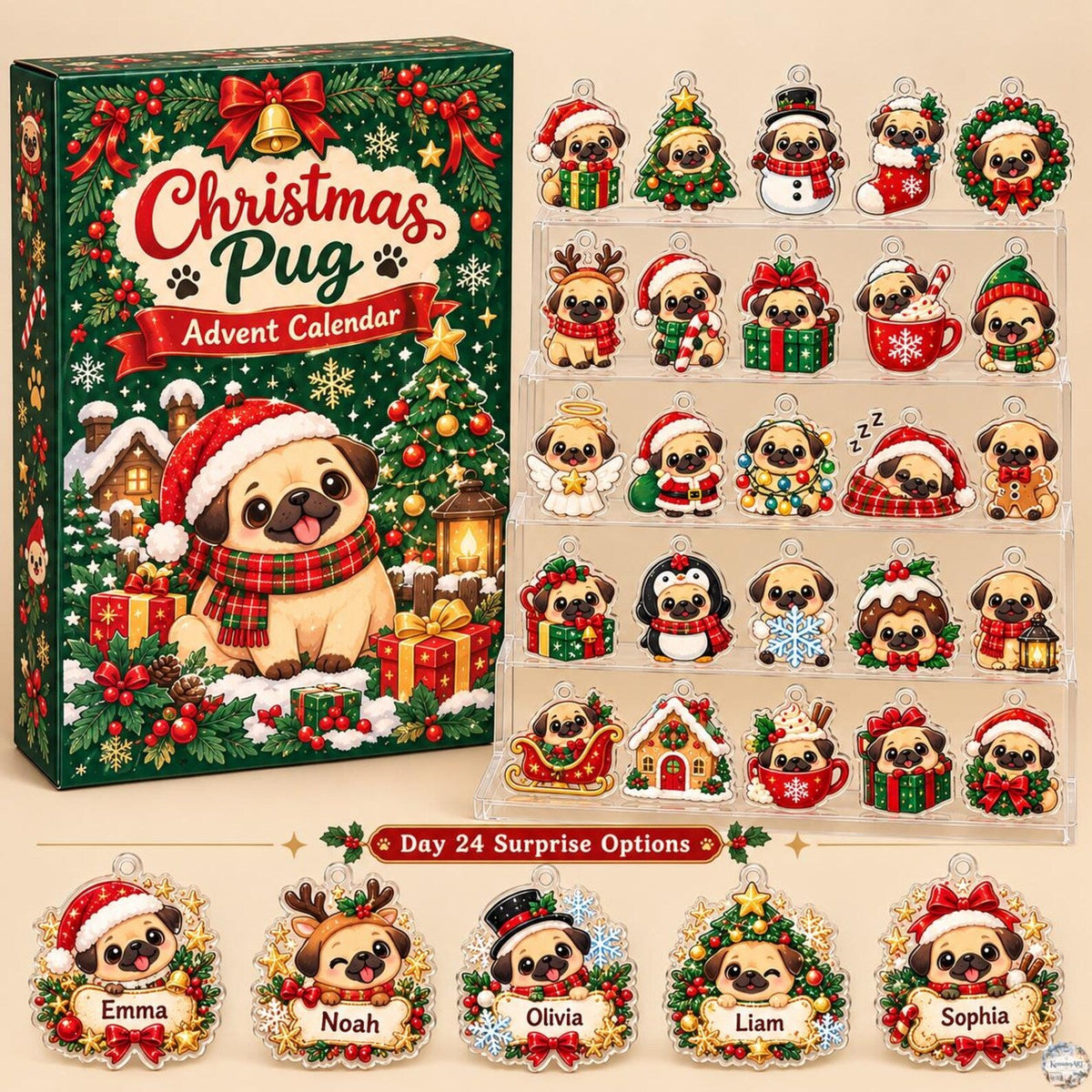 Puppy Advent Calendar 2026 | 24 Day Christmas Countdown with Personalized 2D Dog Ornament