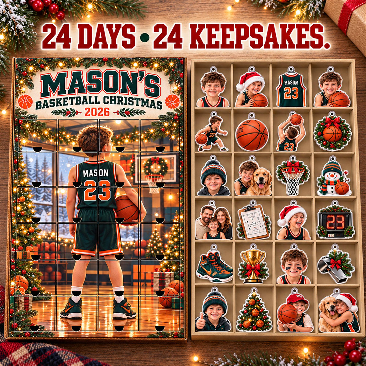 Personalized Basketball Advent Calendar with 24 Custom Photo Acrylic Ornaments, Player Number Christmas Gift for Basketball Family and Coach