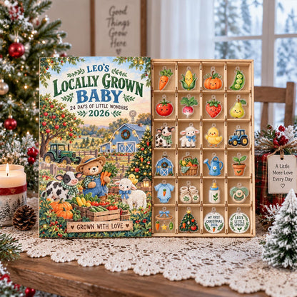 Personalized Farm Advent Calendar 2026, Locally Grown Baby Countdown, 24 Day Christmas Ornament Set, Farm Theme First Christmas Gift