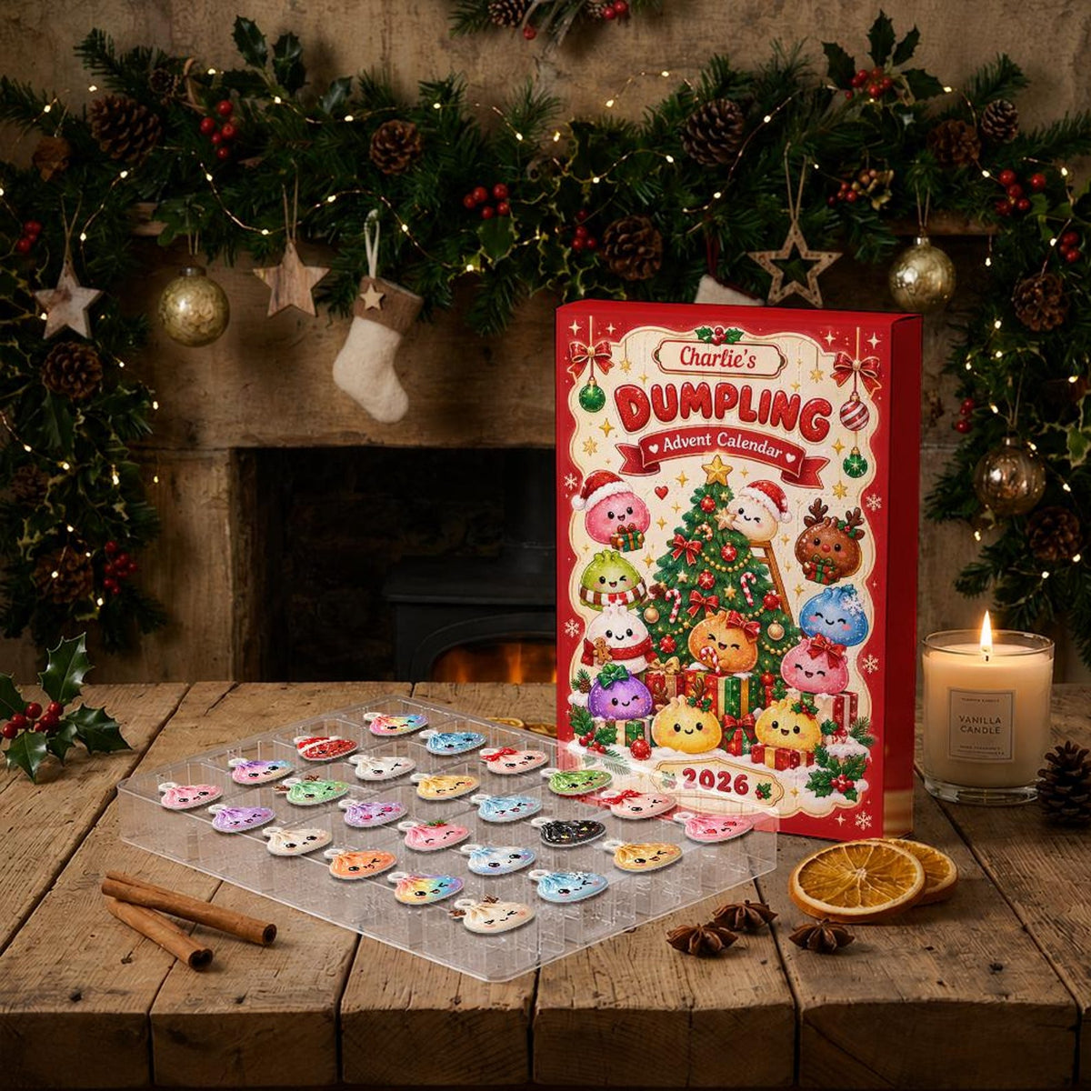Personalized Dumpling Advent Calendar, 24 Acrylic Charms, Custom Name, 2026 Countdown, Asian Food Keepsake