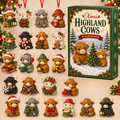 Highland Cow Christmas Advent Calendar: 24 Acrylic or Wood Ornaments