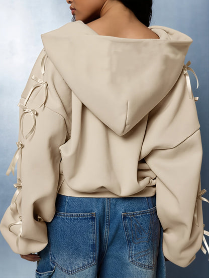 Bow Lace Up Sleeve Cropped Hoodie