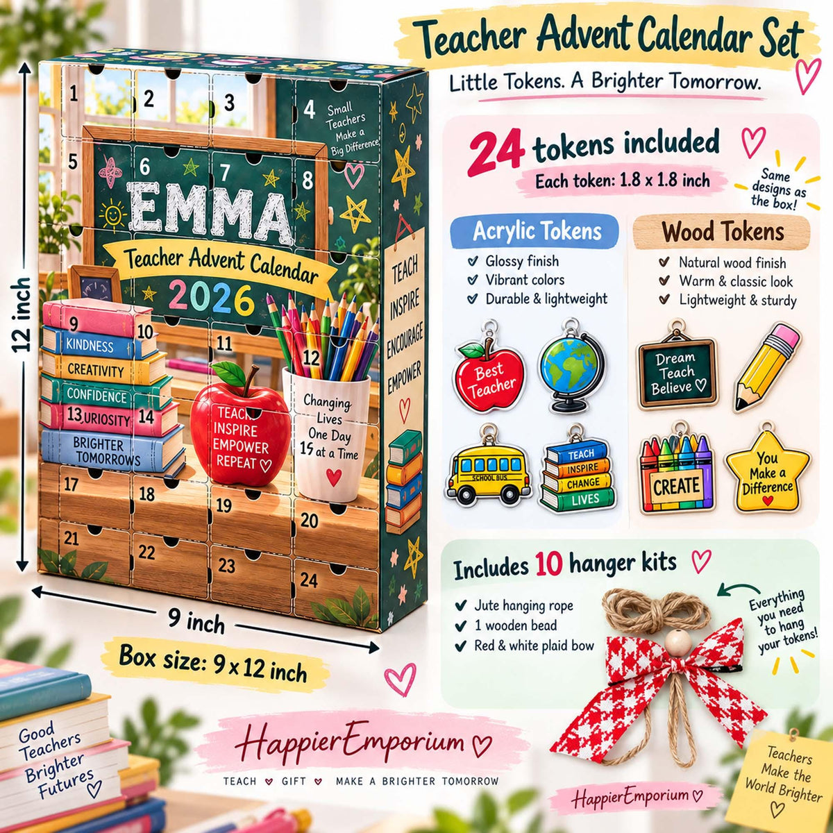 Personalized Teacher Advent Calendar 2026, Custom Teacher Blind Box, 24 Day Christmas Countdown with Teacher Tokens, Xmas Countdown Gifts