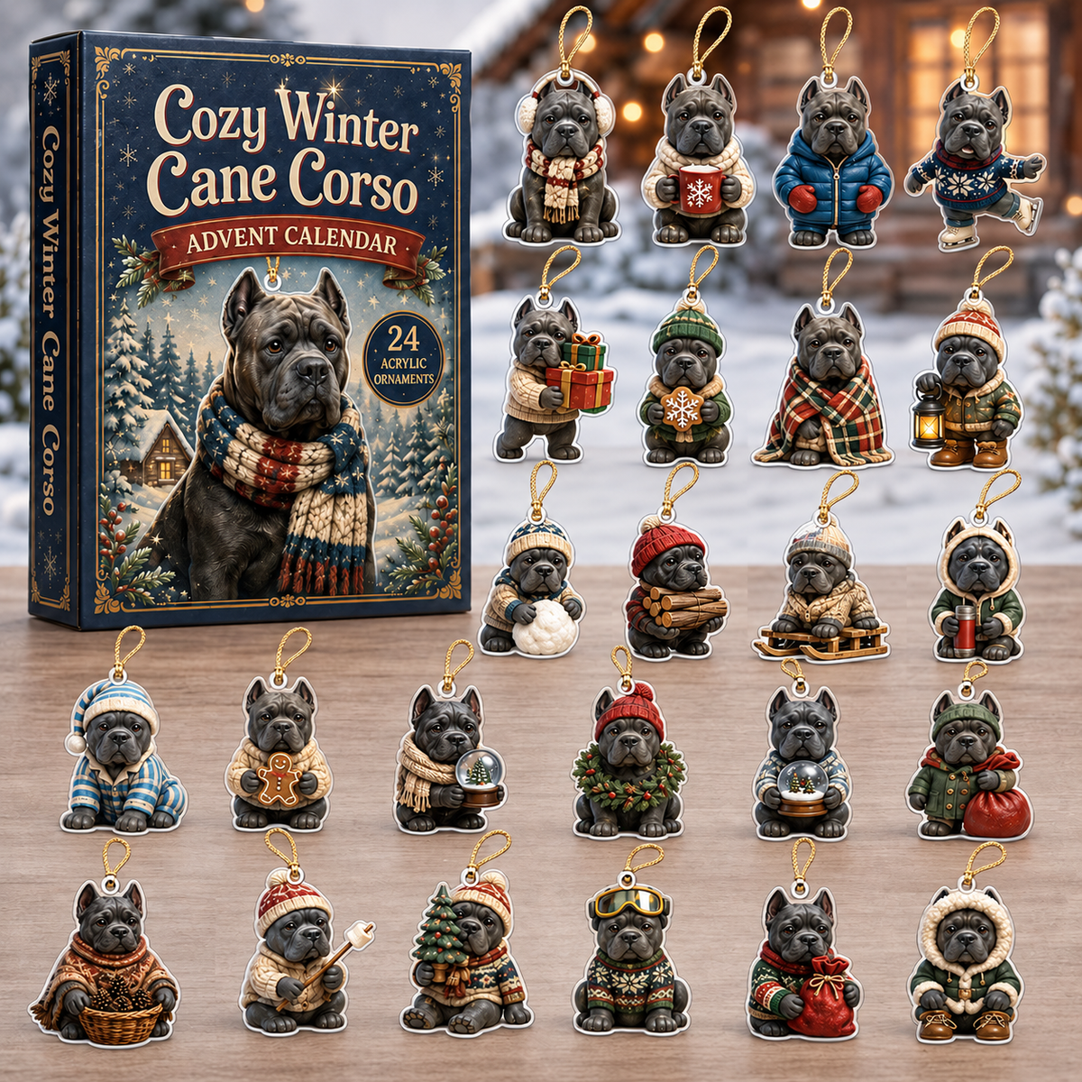 Cozy Winter Cane Corso Advent Calendar 2026 - 24-Day Festive Countdown, Acrylic Charms Blind Box - Gift For Cane Corso Lovers