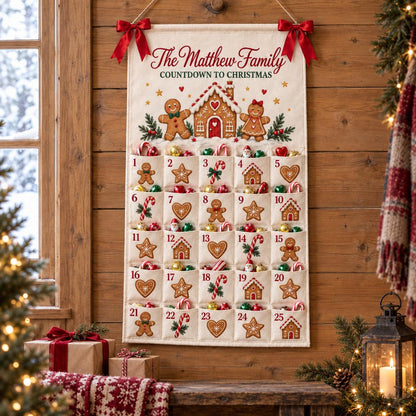 Personalized Gingerbread Advent Calendar, 25-Pocket Christmas Countdown, Custom Family Name Canvas Wall Hanging, Reusable Holiday Home Decor