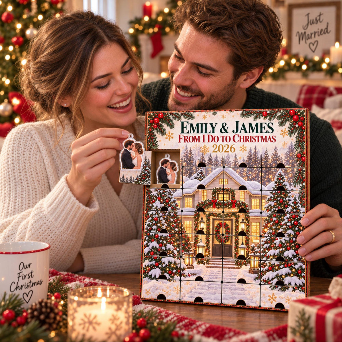 Personalized Wedding Memory Advent Calendar with 24 Custom Photo Acrylic Ornaments, Newlywed Christmas Gift, Wedding Keepsake for Couple
