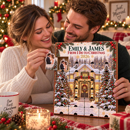 Personalized Wedding Memory Advent Calendar with 24 Custom Photo Acrylic Ornaments, Newlywed Christmas Gift, Wedding Keepsake for Couple