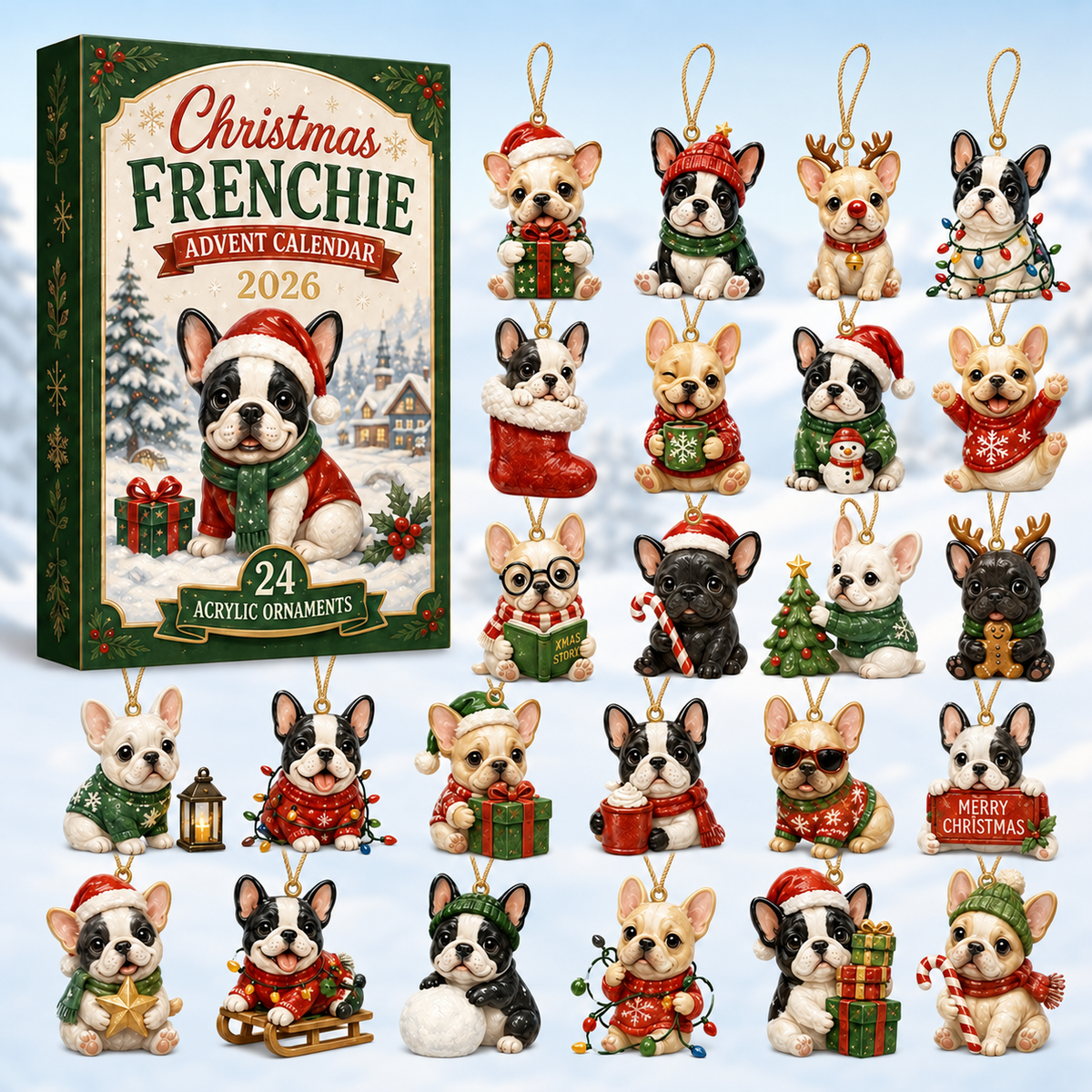 Christmas Frenchie Advent Calendar 2026 - 24-Day Festive Countdown, Acrylic Charms Blind Box - Gift For French Bulldog Lovers