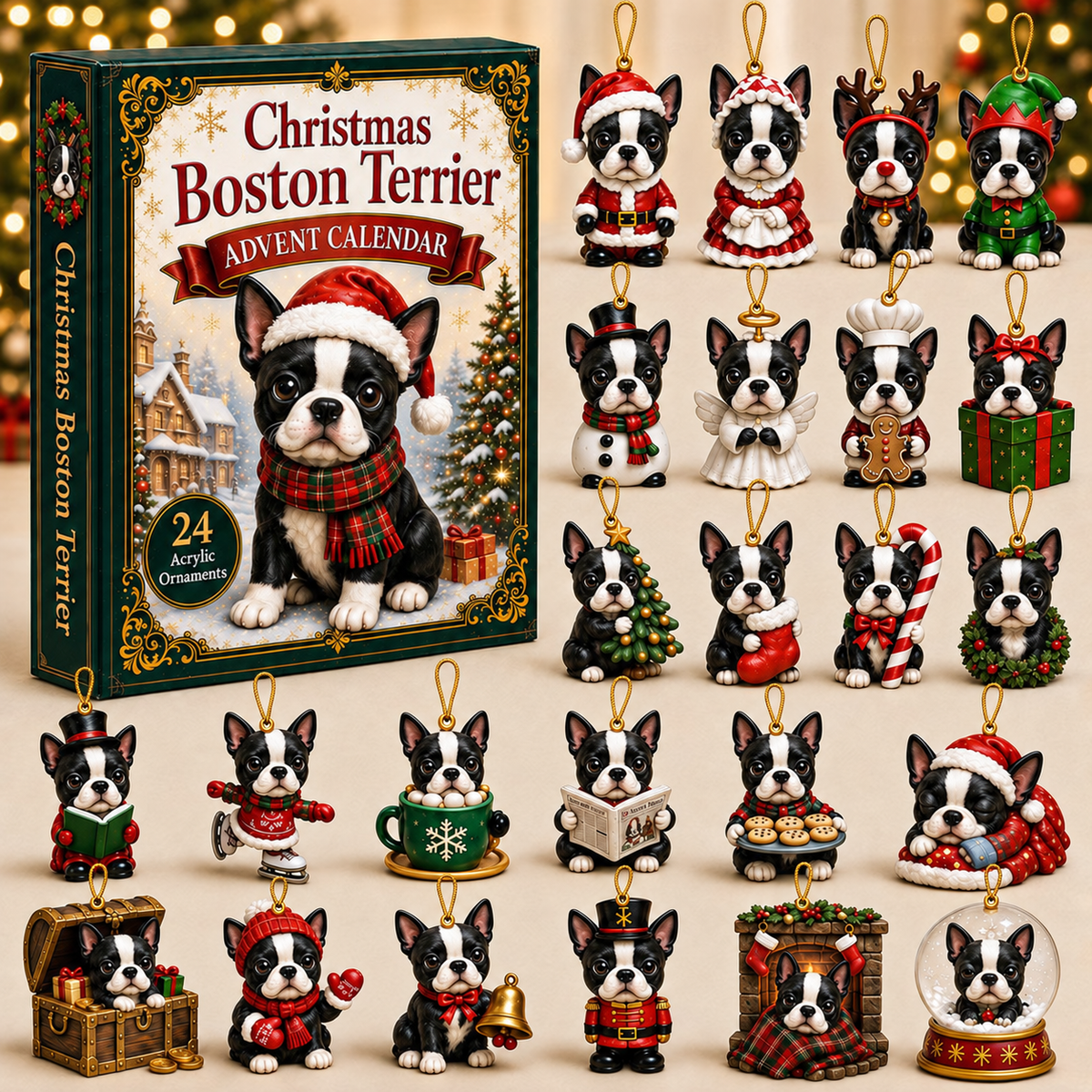 Christmas Boston Terrier Advent Calendar 2026 - 24-Day Festive Countdown, Acrylic Charms Blind Box - Gift For Boston Terrier Lovers