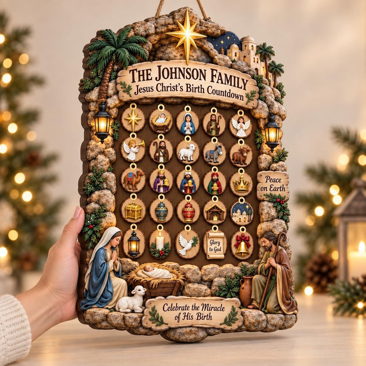 Personalized Nativity Advent Calendar: Custom Wood Christmas Countdown Sign with Hanging Ornaments