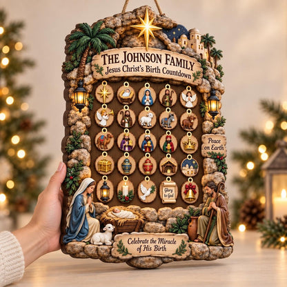 Personalized Nativity Advent Calendar: Custom Wood Christmas Countdown Sign with Hanging Ornaments