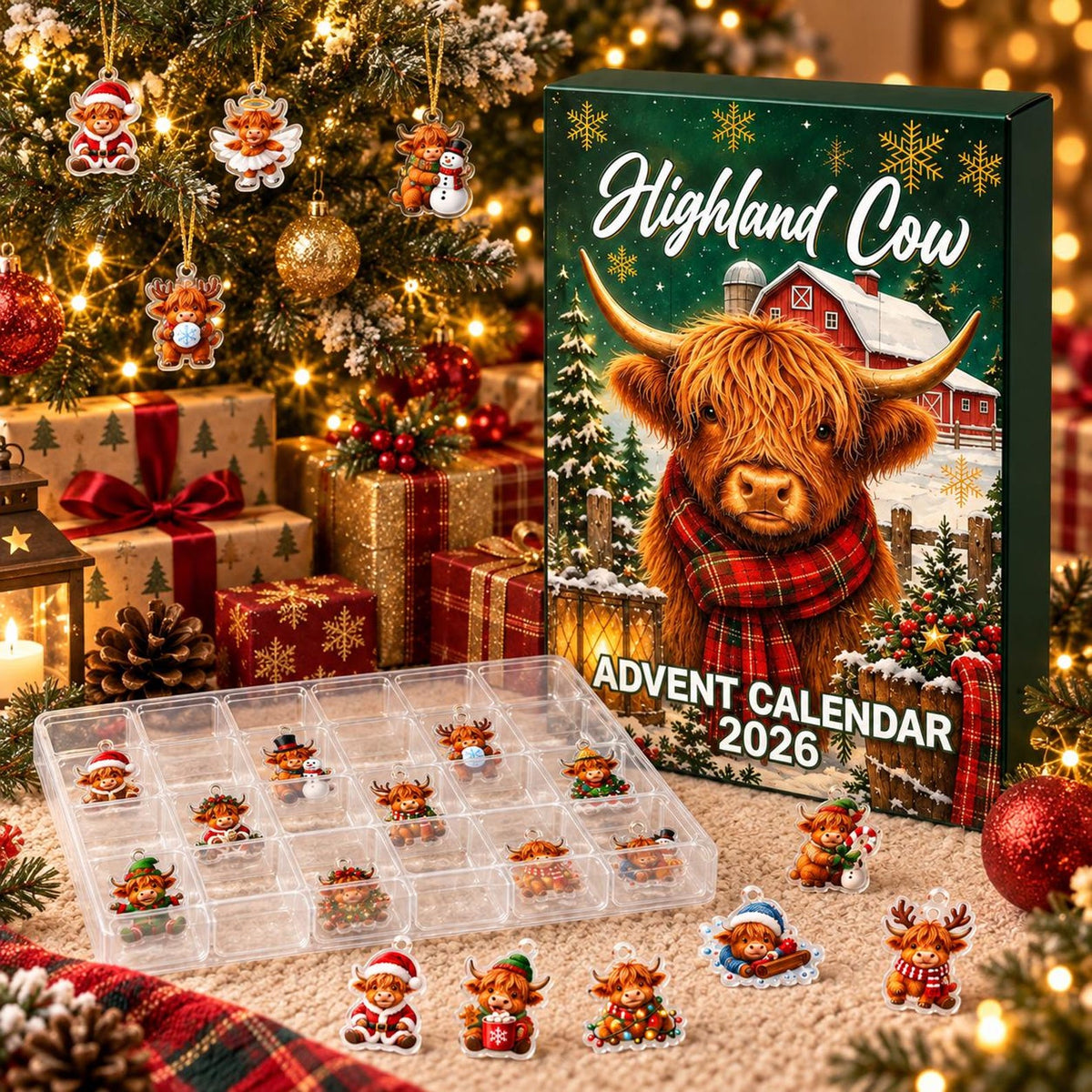 Highland Cow Christmas Advent Calendar, Acrylic or Wood Ornaments, Reusable Countdown Gift Box, Holiday Keepsake