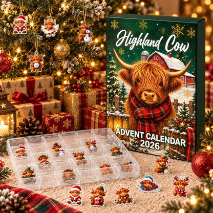 Highland Cow Christmas Advent Calendar, Acrylic or Wood Ornaments, Reusable Countdown Gift Box, Holiday Keepsake