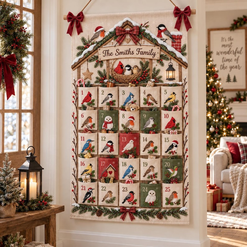 Personalized Bird Christmas Fabric Advent Calendar, 25 Day Pocket Countdown, Custom Family Name Quilted Wall Hanging, Bird Lover Xmas Decor