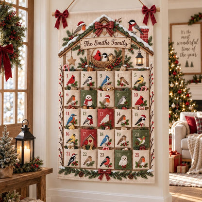 Personalized Bird Christmas Fabric Advent Calendar, 25 Day Pocket Countdown, Custom Family Name Quilted Wall Hanging, Bird Lover Xmas Decor