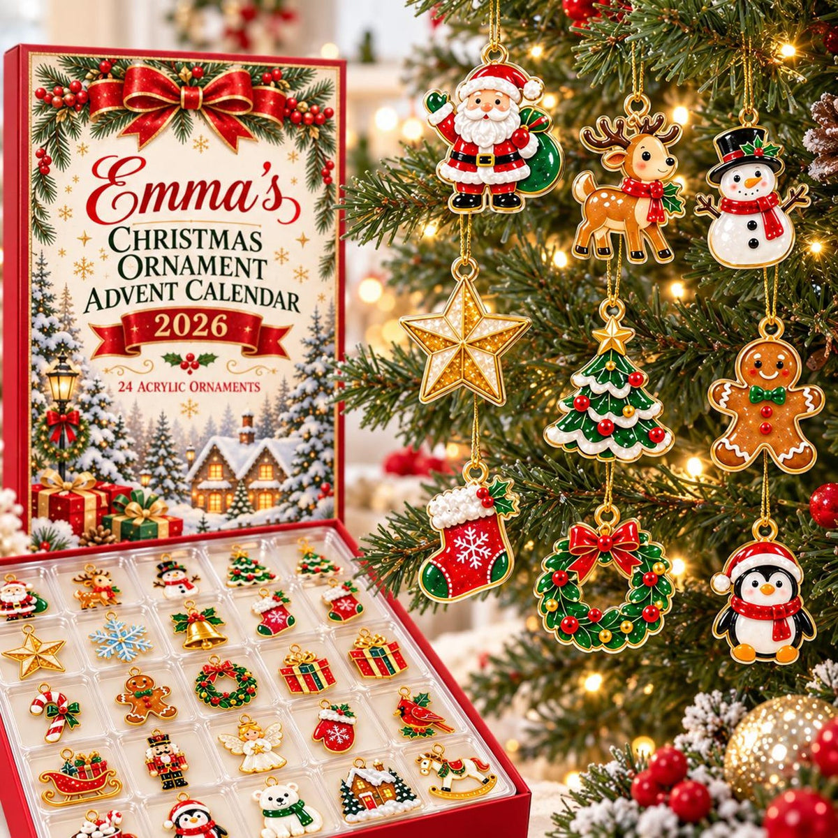 Personalized Christmas Advent Calendar 2026, 24 Acrylic Ornaments, Holiday Countdown Box, Custom Name Xmas Gift for Kids & Family John