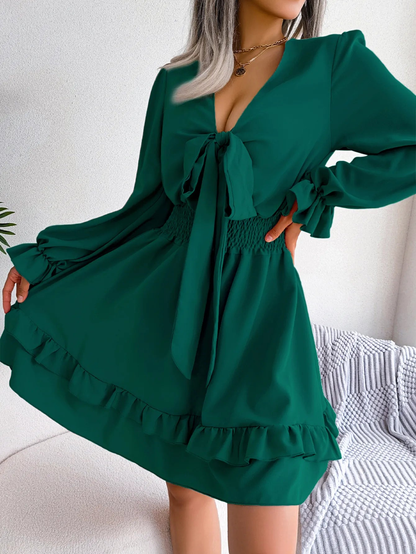 Women's Casual Tie Waist Ruffle Trim Flowy Dress