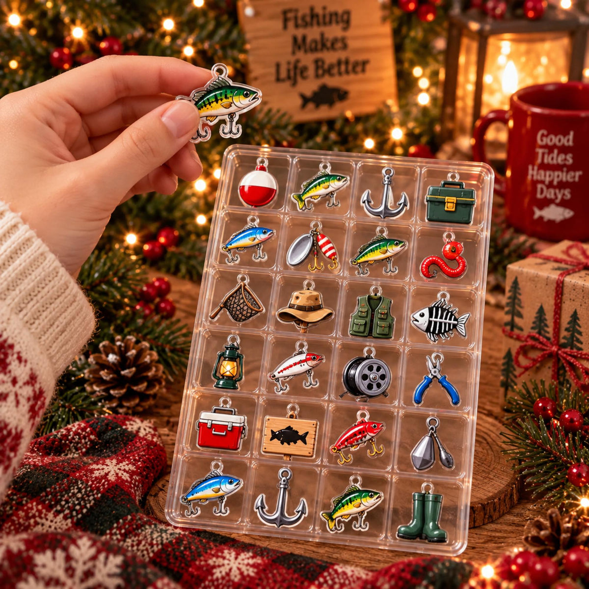 Personalized Fishing Advent Calendar, Custom Photo & Name, 24 Acrylic Fishing Charms, Christmas Gift for Fisherman