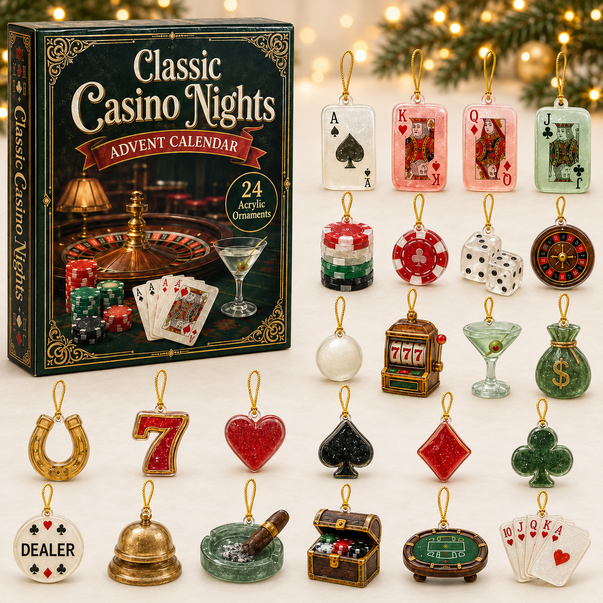 Casino Poker Night Advent Calendar 2026 - 24-Day Festive Countdown, Acrylic Charms Blind Box - Gift For Poker Lovers