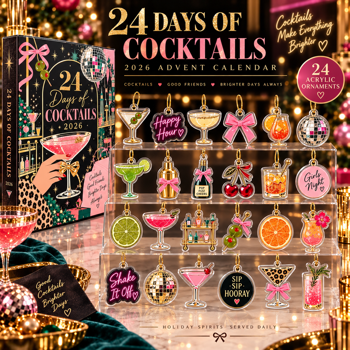 Cocktail Advent Calendar 2026, 24 Day Christmas Countdown, Cocktail Lover Ornaments, Girls Night Holiday Gift, Martini Happy Hour Decor