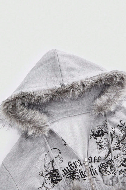 Faux Fur Trim Corset Zip Hoodie