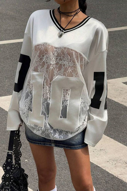 Lace Sheer V Neck Print Sweatshirt