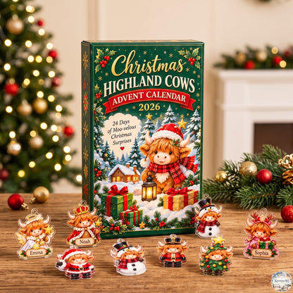 Moo-velous Highland Cow Advent Calendar 2026 | 24 Day Holiday Countdown with Custom 2D Ornament