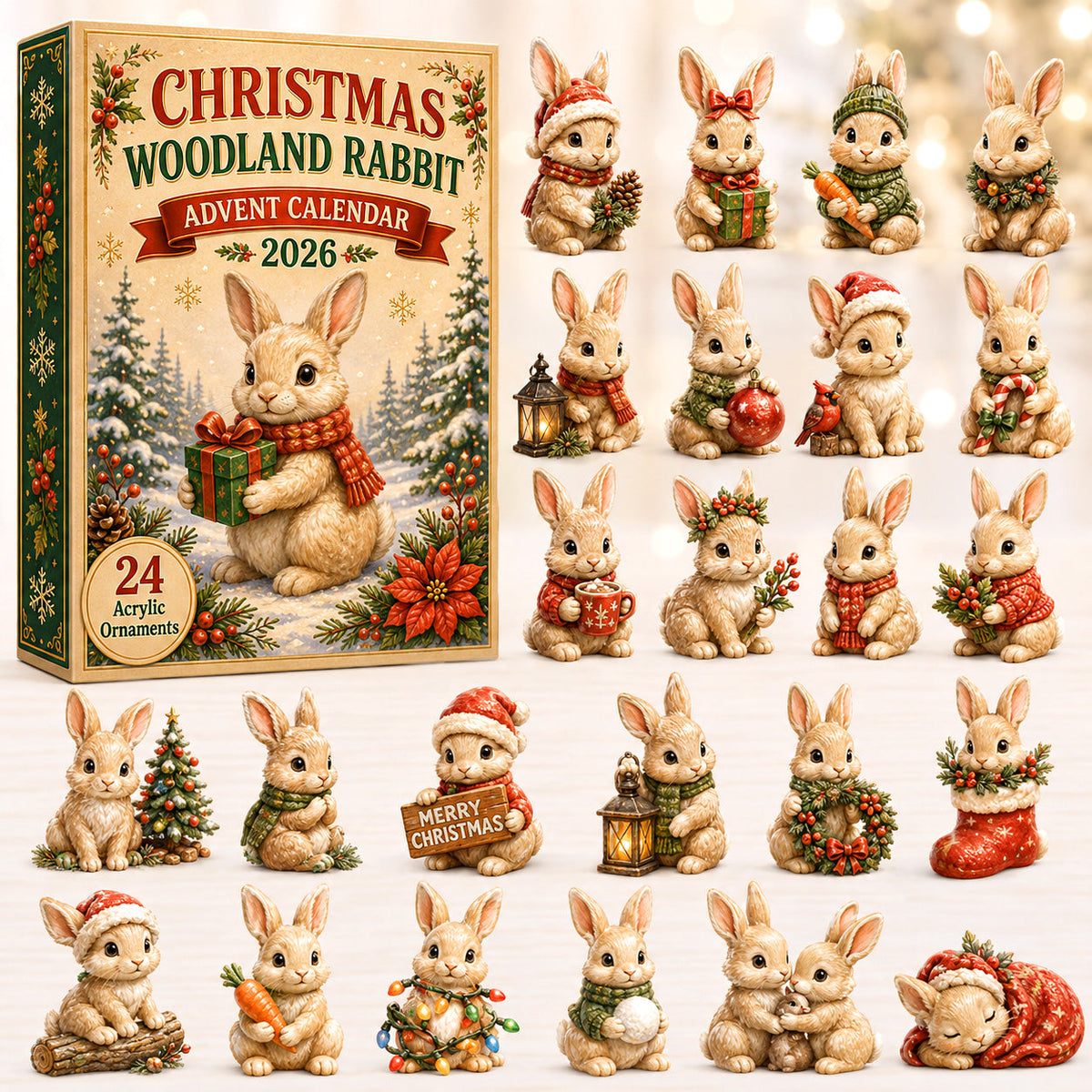 Christmas Woodland Rabbit Advent Calendar 2026 - 24-Day Festive Countdown, Acrylic Charms Blind Box - Gift For Woodland Lovers, Family & Friends
