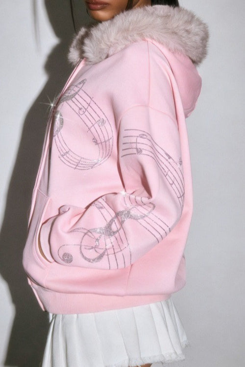 Faux Fur Rhinestone Zip Hoodie