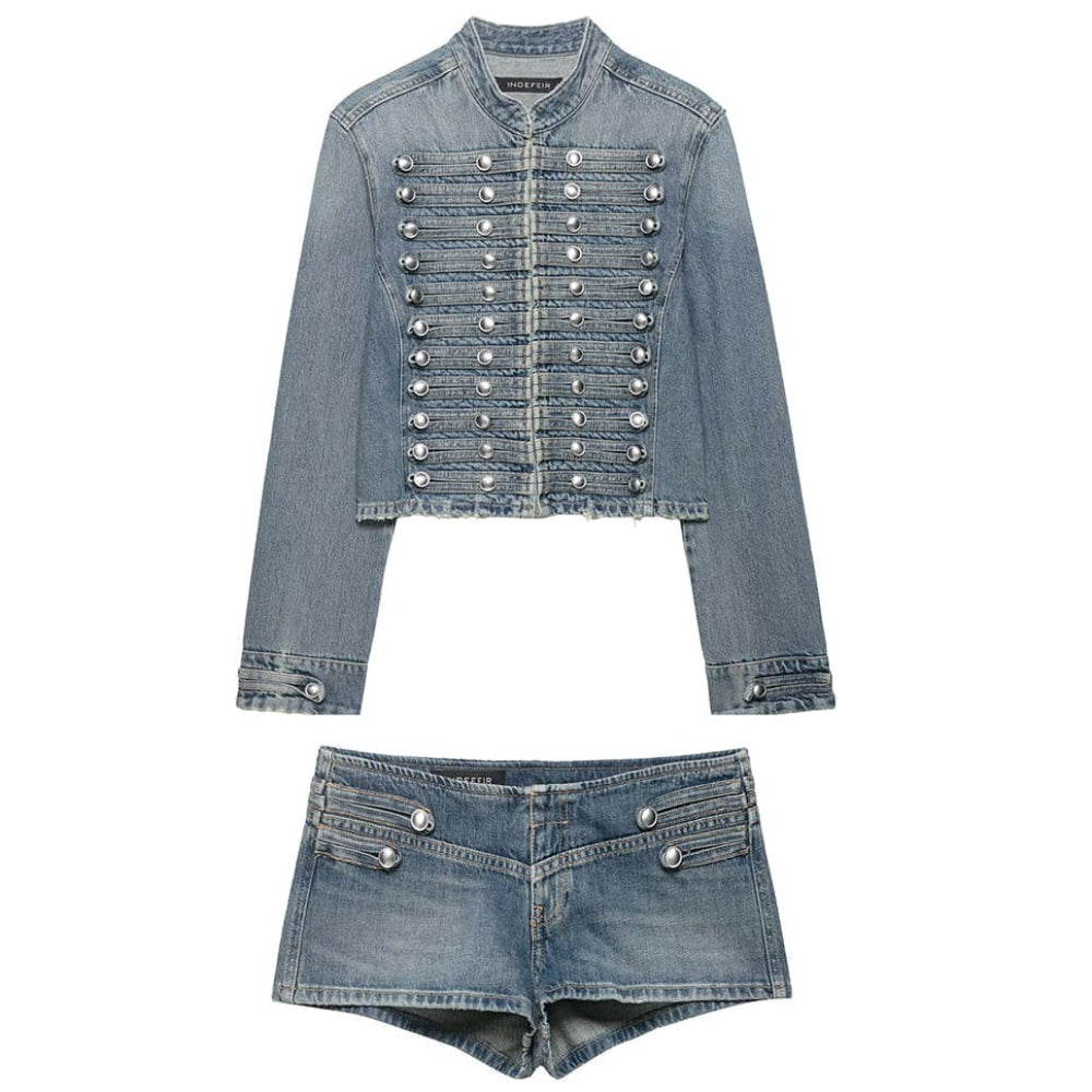 Model Casting Frogging Denim Jacket & Shorts Set