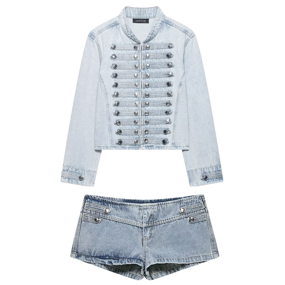 Model Casting Frogging Denim Jacket & Shorts Set