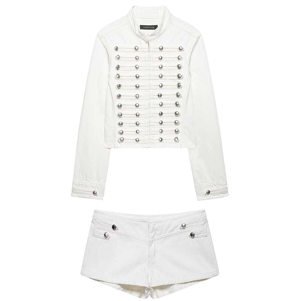 Model Casting Frogging Denim Jacket & Shorts Set