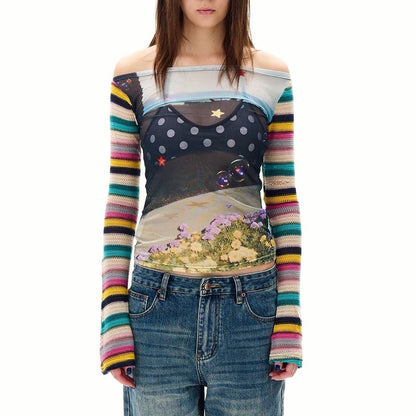 2010's Aesthetic Stripe Sleeve Mesh Top