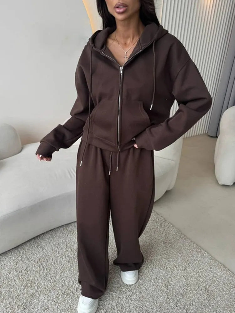 Two-Piece Solid Color Zipper Hoodie and Trousers Set