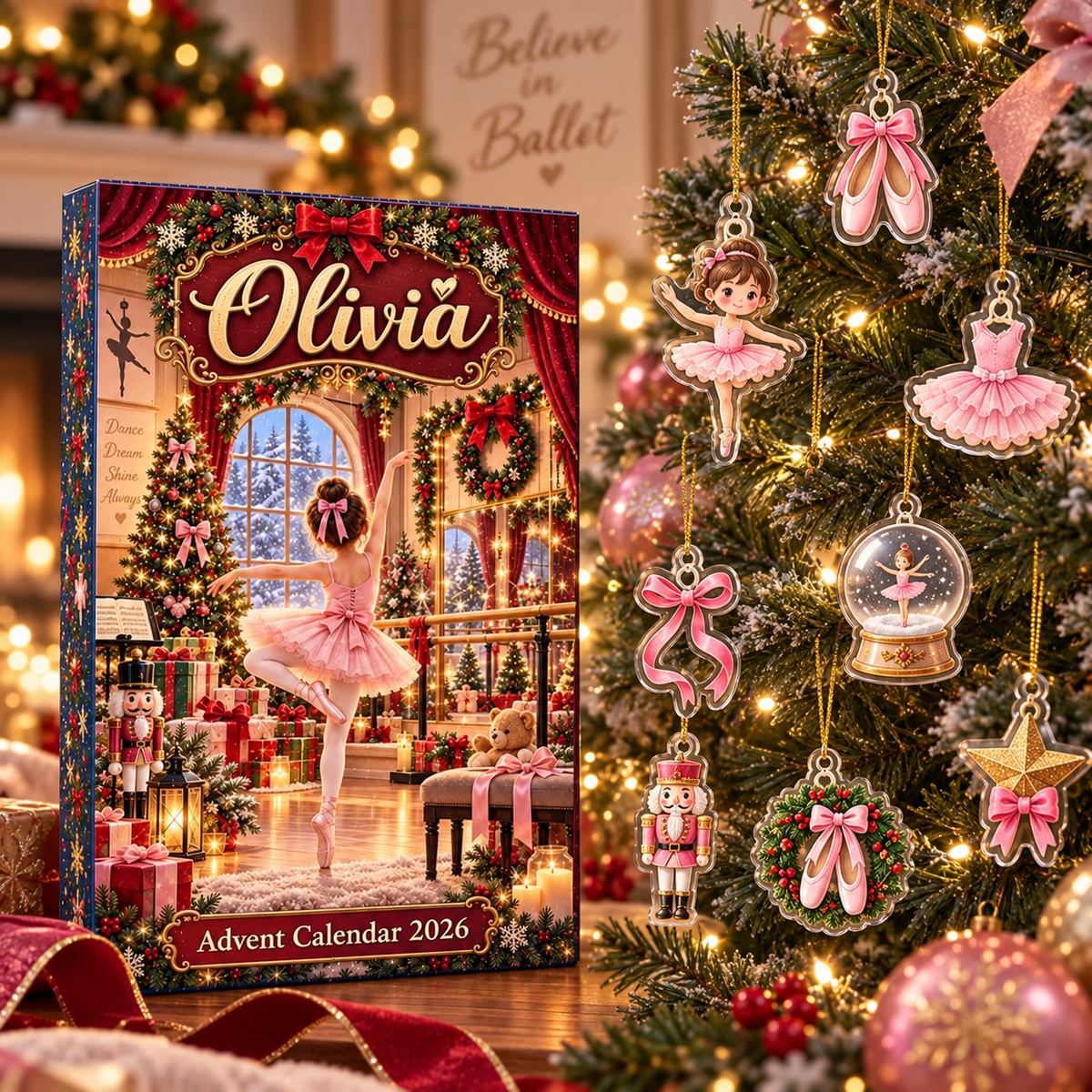 Personalized Ballerina Advent Calendar, 24 Ballet Christmas Charms, Custom Name Dancer Gift, Holiday Countdown Box