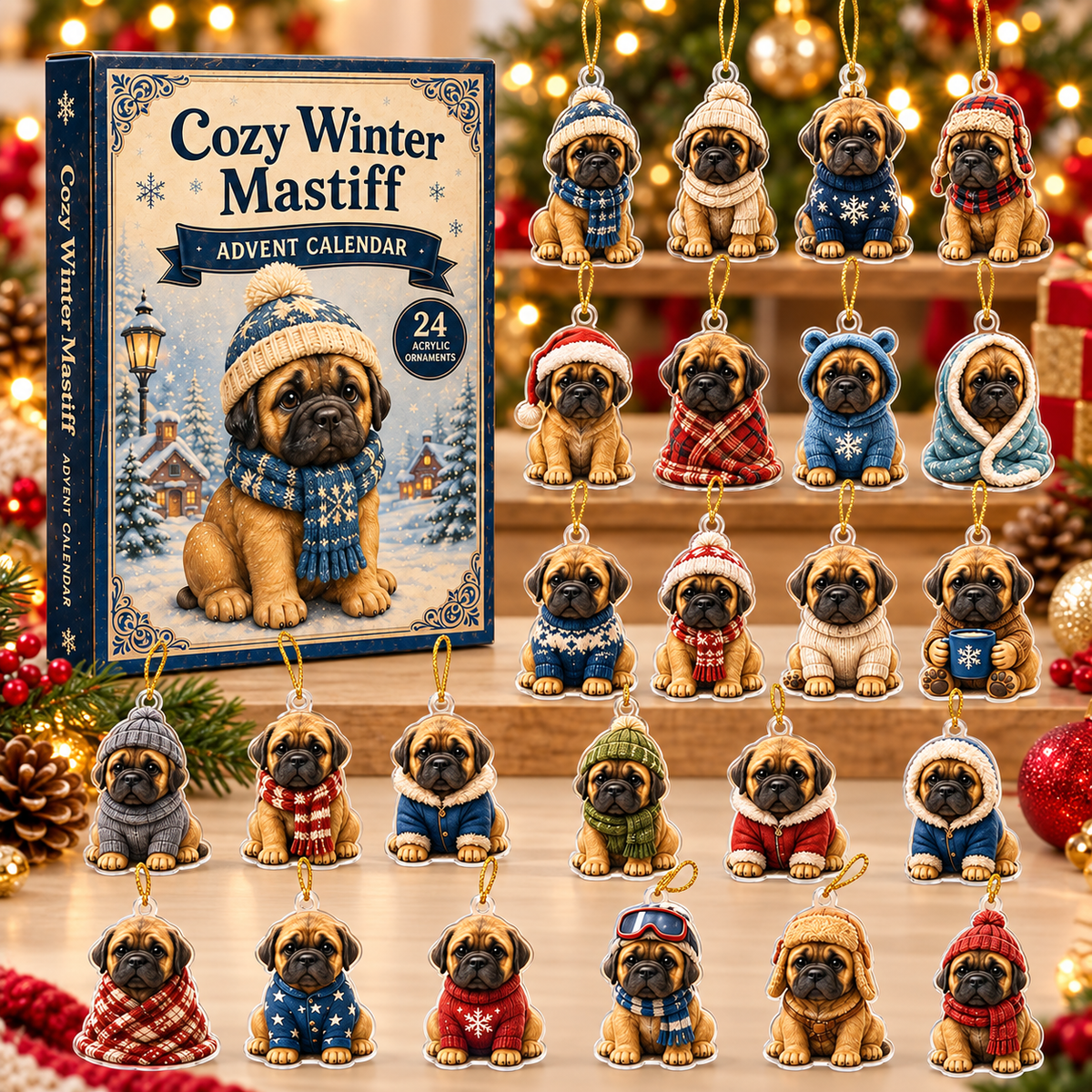 Cozy Winter Mastiff Advent Calendar 2026 - 24-Day Festive Countdown, Acrylic Charms Blind Box - Gift For Mastiff Lovers